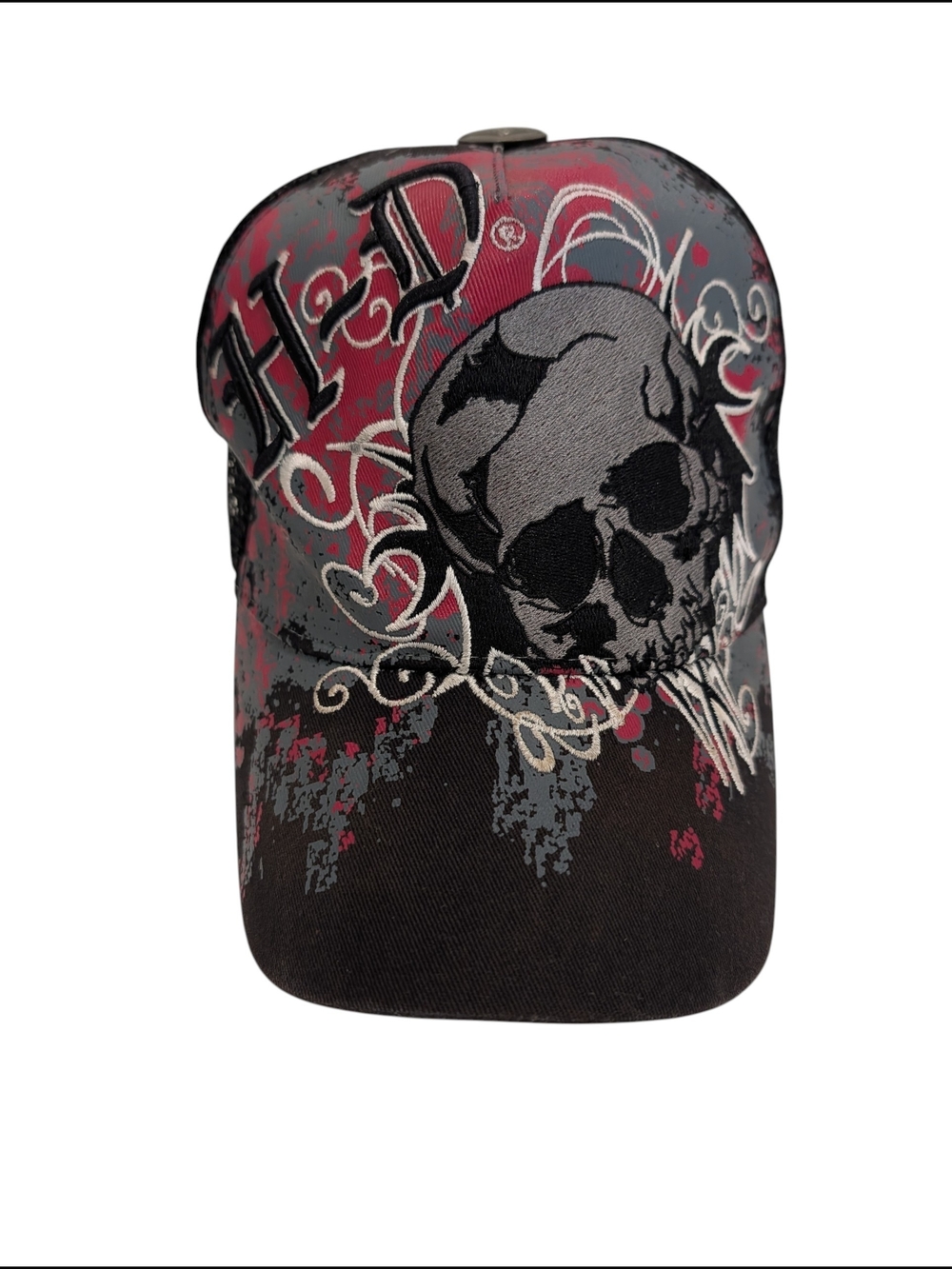 Harley Davidson Skull Hat Y2K Embroidered Mesh Trucker Snapback Red Gray Biker